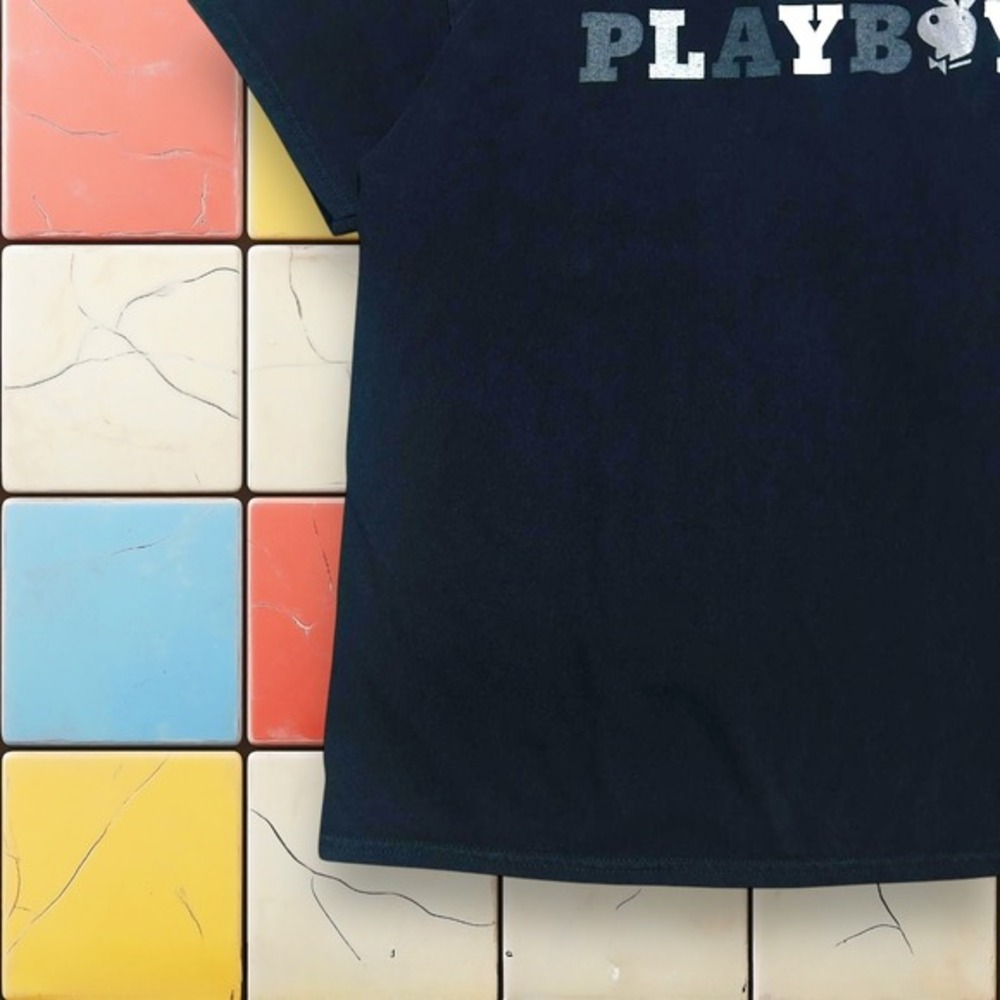 Y2K Playboy Bunny‎ Logo Tee L Black Metallic Graphic Streetwear T-Shirt Men's - Picture 4 of 8